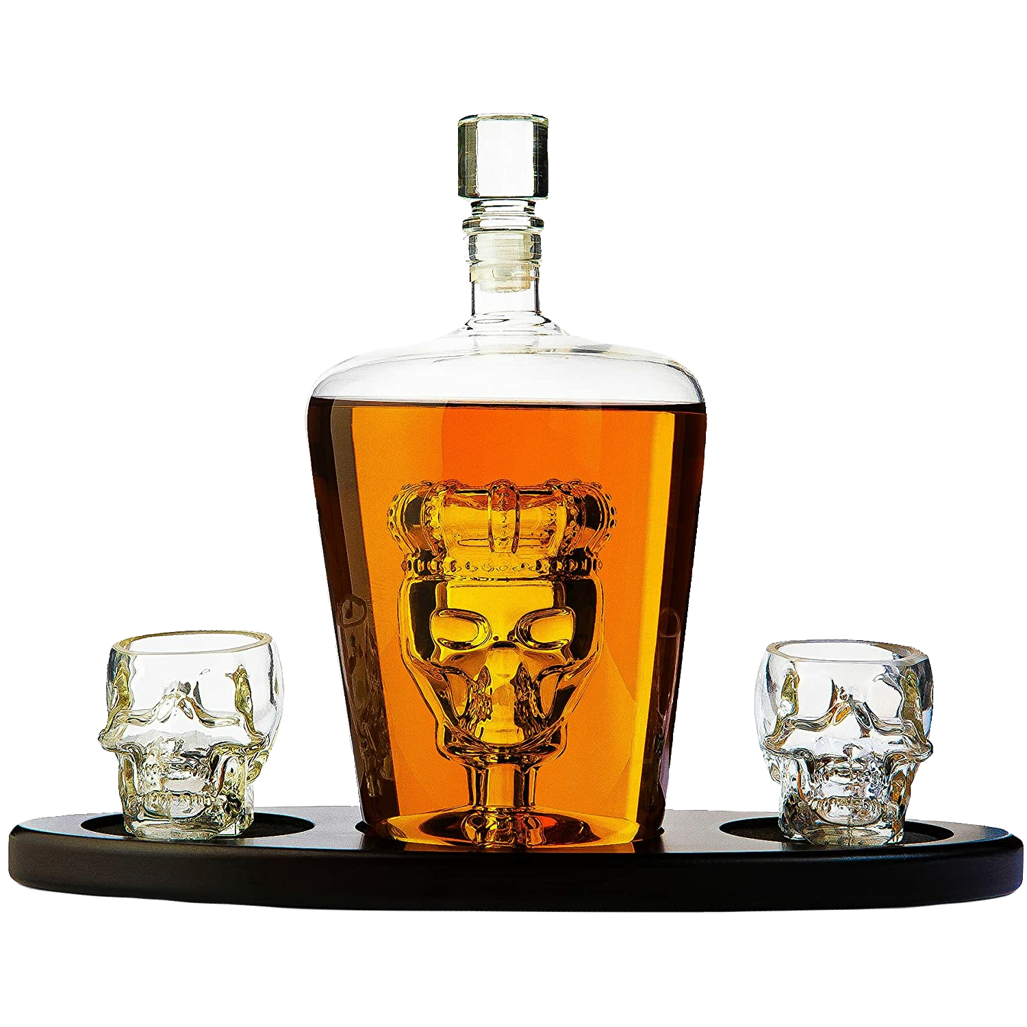 Skull King Skeleton Wine & Whiskey Globe Decanter Set 750 mL With 2 Skull Head 3oz Skeletons Shot Glasses + Mahogany Wooden Base Decor Glass, Goth Spooky Drinking Glassware The Wine Savant