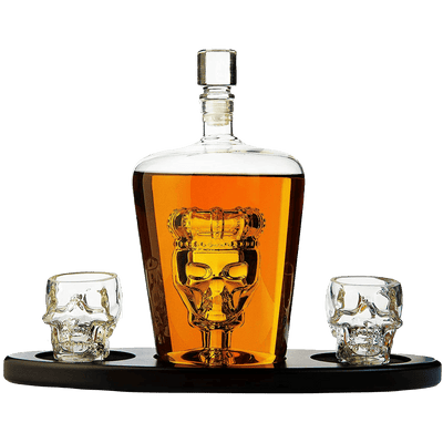 Skull King Skeleton Wine & Whiskey Globe Decanter Set 750 mL With 2 Skull Head 3oz Skeletons Shot Glasses + Mahogany Wooden Base Decor Glass, Goth Spooky Drinking Glassware The Wine Savant