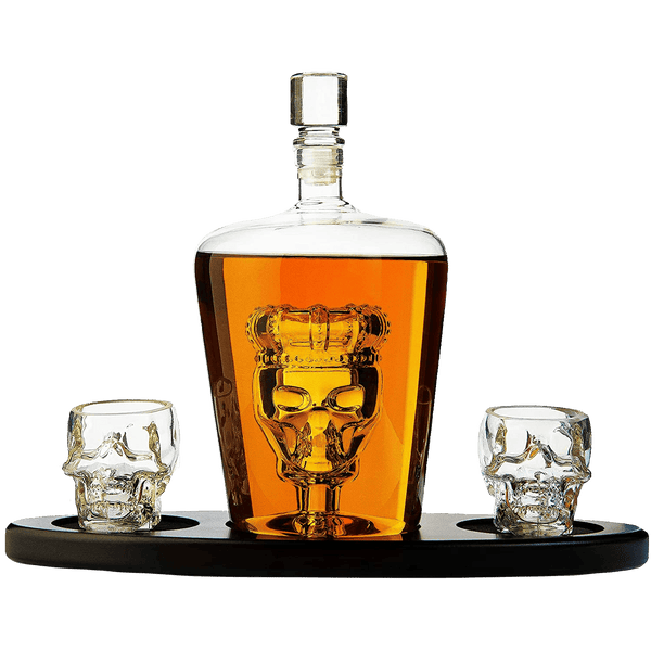 Skull King Skeleton Wine & Whiskey Globe Decanter Set 750 mL With 2 Skull Head 3oz Skeletons Shot Glasses + Mahogany Wooden Base Decor Glass, Goth Spooky Drinking Glassware The Wine Savant