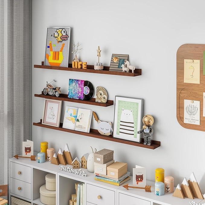 Solid Ash Wood Picture Ledge Shelf, Floating Shelves Set of 2, 56 Inch Long Large Ledge Shelves, Nursery Book Shelves Wall Mounted for Living Room Bedroom Kitchen Decor Kids Bookshelf, Walnut