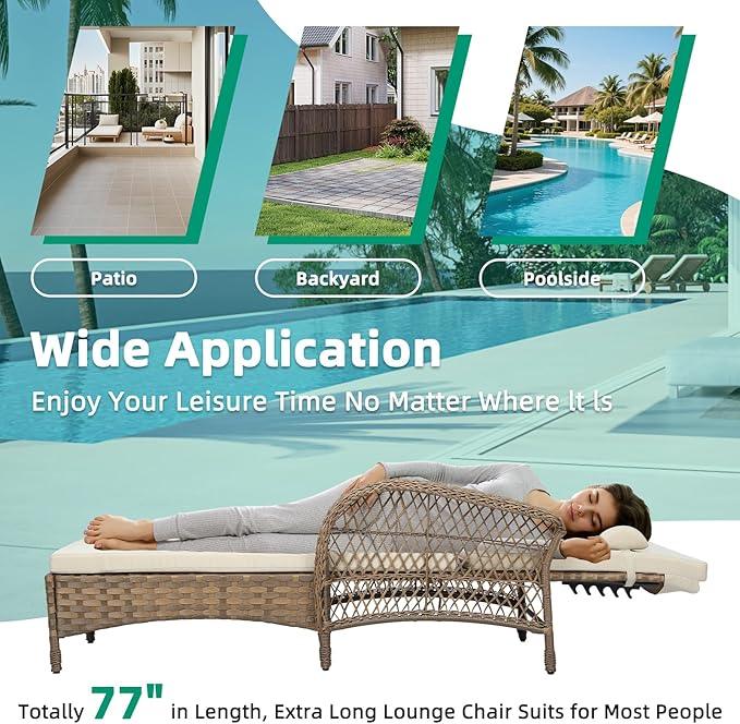VIVIJASON Outdoor Wicker Chaise Lounge Chair, All-Weather PE Rattan Cushioned Patio Lounger Set with Side Table, 6-Position Adjustable Outside Pool Sunbathing Recliner with Armrest & Pillow, Beige