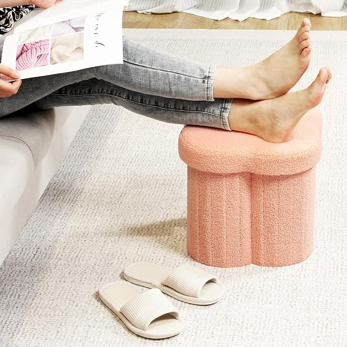 B FSOBEIIALEO Storage Ottoman Cube, Flowers Shaped Ottomans with Storage Foot Stool Footrest for Lving Room, Boucle Ottoman Seat for Dorm Room,Faux Teddy Fur, Orange 12.6