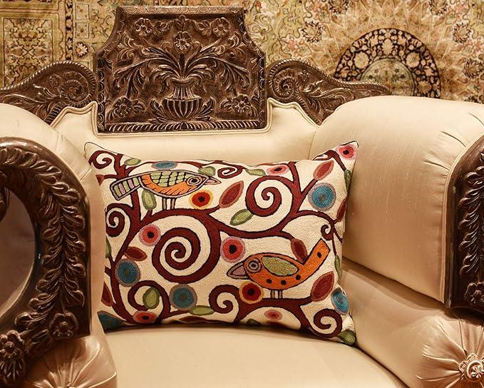 Lumbar Klimt Modern Pillow Cover | Cream, Multicolor Tree of Life, Birds, Floral Suzani Floral Pattern | 14