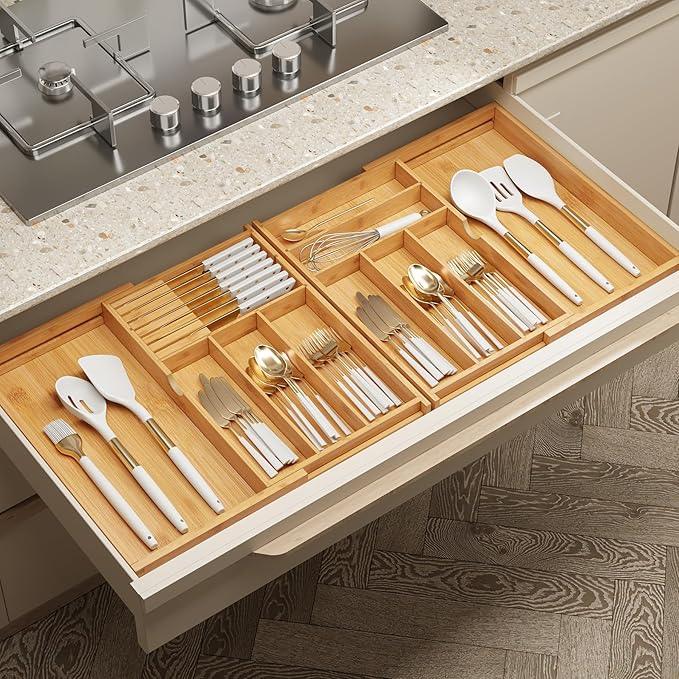 BAMEOS Expandable Silverware Drawer Organizer with Removable Knife Blocks, Bamboo Kitchen Utensil Holder from 21