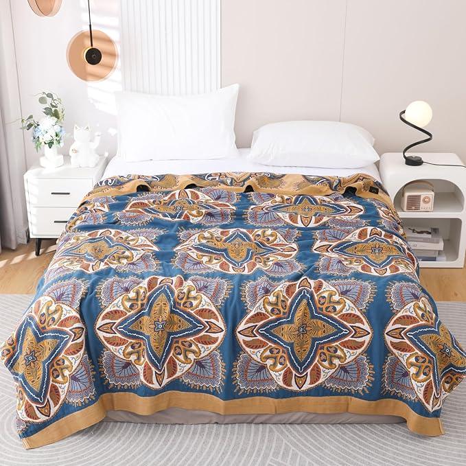Snycler Boho Throw Blanket for Bed - 100% Cotton Ultra Soft Rustic Quilt Blanket Orange Green Printed Farmhouse Decor Bed Blankets, 80