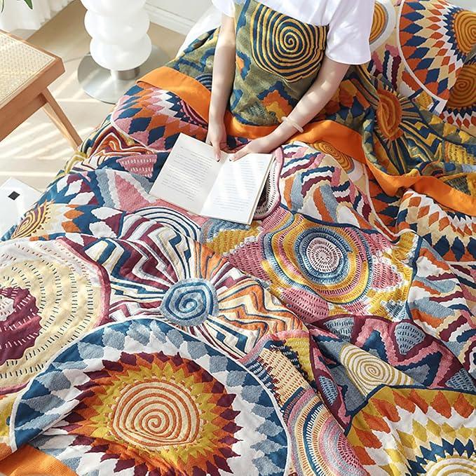 Boho 100% Cotton Muslin Blanket 4-Layer Gauze 80 x 90 Inches Summer Cooling Blanket Floral Decor Soft Cozy for Sofa Bed Coverlet Both Sides (Boho Stars, 80 x 90 in)