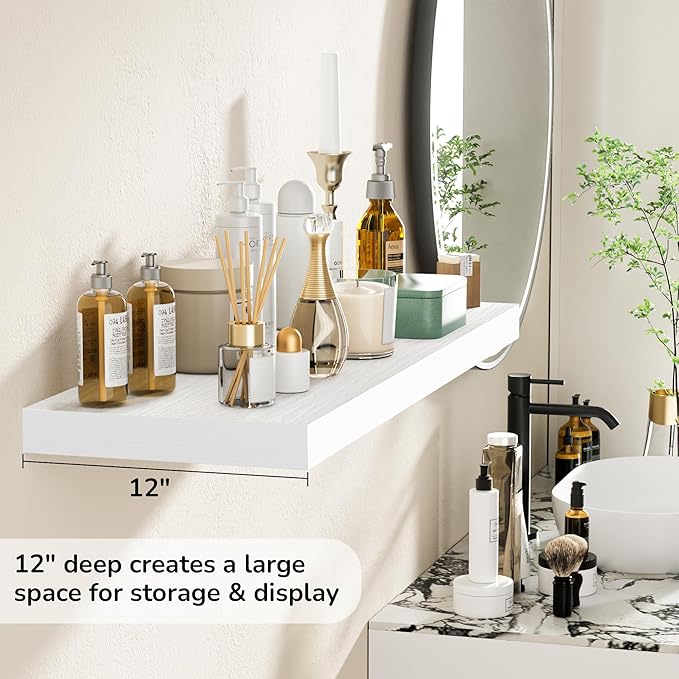 Fun Memories Floating Shelves - 2 Pack 12 Inch Rustic Wooden Wall Shelves - Extra Deeper & Thicker Wall Mounted Storage Shelf for Living Room, Kitchen, Farmhouse - 36