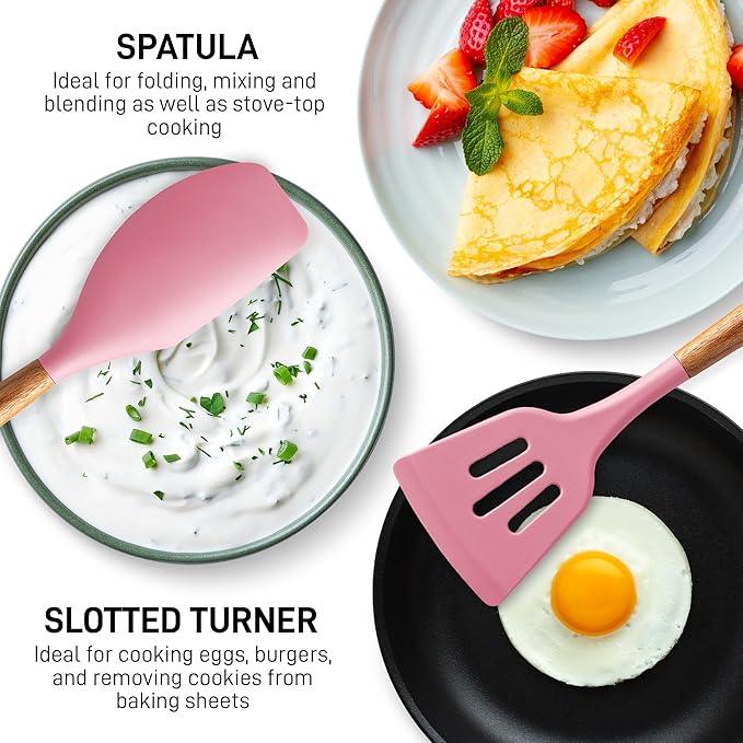 Zulay Kitchen Non-Stick Cooking Utensils Set with Authentic Acacia Wood Handles – 5-Piece Durable & Stylish Silicone Kitchen Utensils Set – Heat Resistant to 464°F – Pink