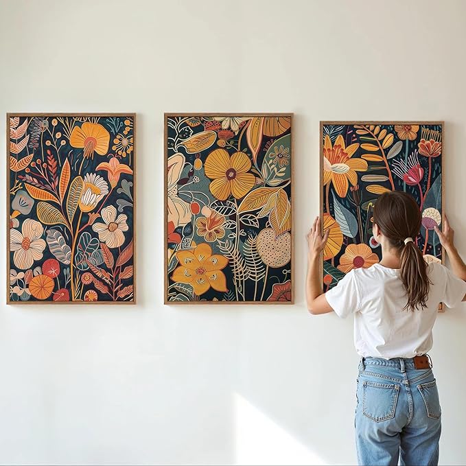 SIGNINART Boho Botanical Framed Canvas Wall Art Set of 3, Mid Century Modern Wall Decor, Burnt Orange Floral Artwork, Neutral Flower Plant Art Prints for Bedroom Living Room Office 24