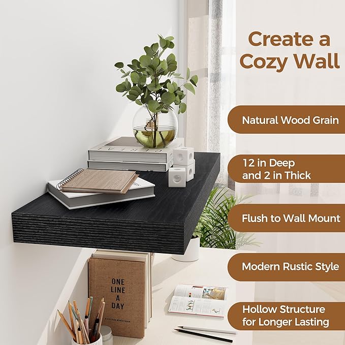 12 Inch Deep Black Floating Shelves, 24 x 12 Floating Shelf for Books, Rustic Wood Deep Wall Shelves for Home Storage & Display, 2