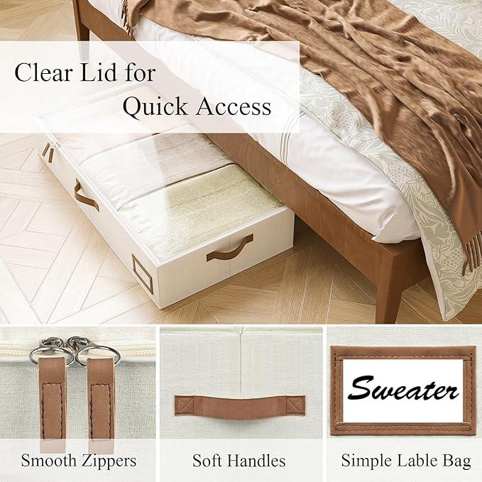 Under Bed Storage Containers, 2-Pack Underbed Storage Box, Collapsible Clothes Storage Bins with Handles and Lid, Large Under Bed Organizers for Shoe, Blanket, Toy, Pillow, Sheet, Beige