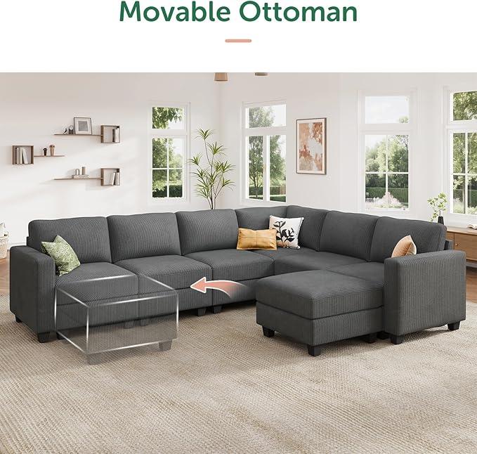 HONBAY Corduroy Sectional Couch with Storage U Shaped Sectional Sofa Modular Sectional Couches for Living Room, Dark Gray