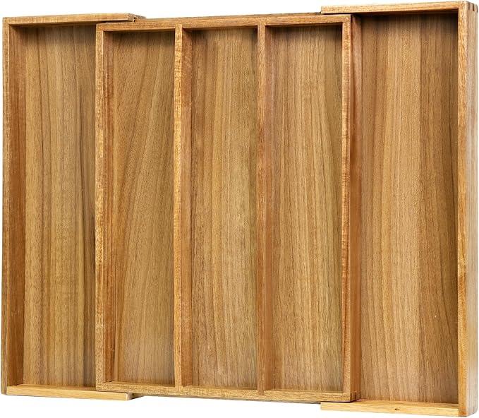 VaeFae Acacia Kitchen Silverware Organizer, Cutlery Drawer Organizer with 5 Compartments, Wooden Utensil Holder for Flatware and Cooking Tools