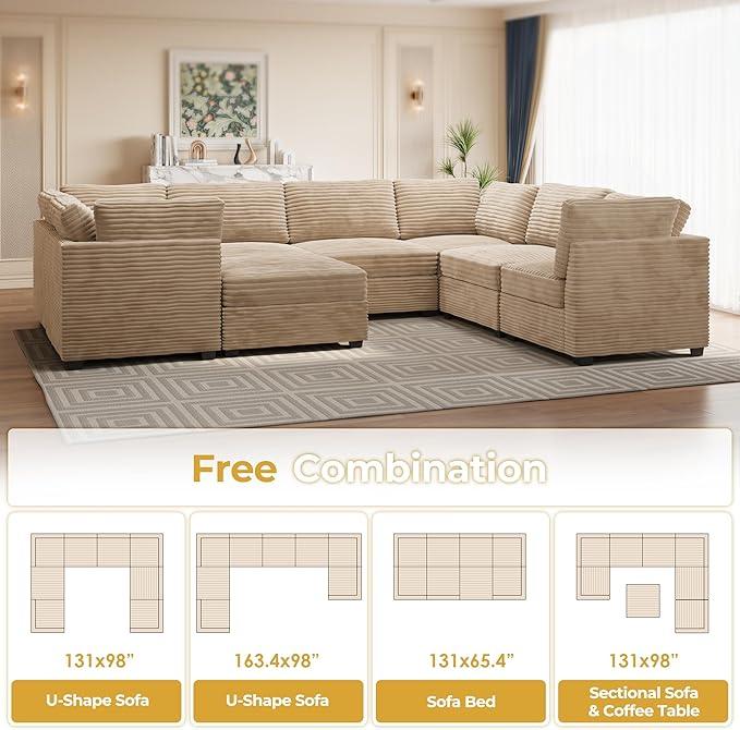 HOOOWOOO Modular Sectional Sofa,8 Pieces Sectional Couches for Living Room,131X98 G Shaped Cloud Couch with Ottoman Chaise Set(Beige Velvet Corduroy)