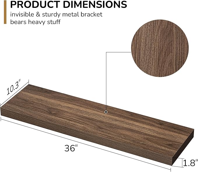 Fun Memories Floating Shelves - 10.3 Inch Deep Wall Shelf for Decor & Storage - Wall Mounted Display Shelving with Invisible Heavy-Duty Metal Bracket - 36