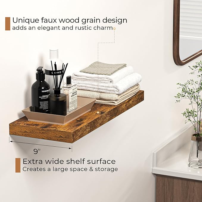 Floating Shelves - 2 Pack 9 Inch Rustic Wooden Wall Shelves - Extra Deeper & Thicker Wall Mounted Storage Shelf for Living Room, Kitchen, Farmhouse - 24