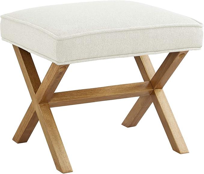 Amazon Basics Small Ottoman Foot Rest, Mid-Century Modern X Square Polyester Foot Stool, Linen, Ivory White, 18
