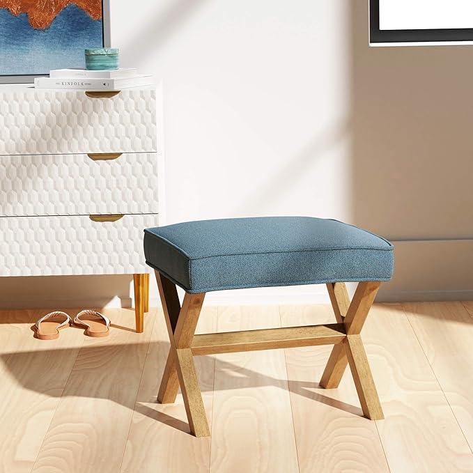 Amazon Basics Small Ottoman Foot Rest, Mid-Century Modern X Square Polyester Foot Stool, Indigo Blue, 20