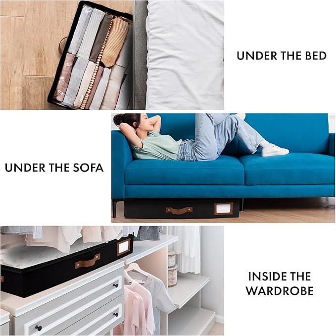 HOMELUX THEORY 2pc Under Bed Storage Containers, Bedroom Under the Bed Drawer Storage Organizer with Bins and Lids, Large Underbed Clothes Storage Box Ideal for Blanket, Fabric, & Shoes (Black)