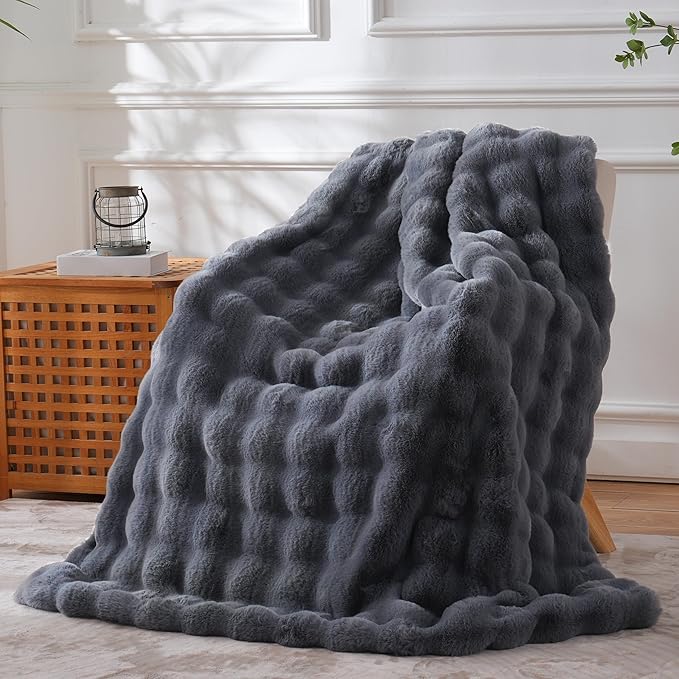 BENVWE Faux Fur Throw Blanket for Couch - Thickened Fluffy Soft Bubble Blanket for Living Room Home Decor - Fathers Day Birthday Gifts for Women Men, Grey, 50
