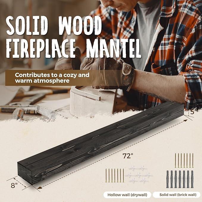 72x8x5 Fireplace Mantel - Handcrafted Hollow Rustic Solid Wood Wall Mounted Floating Shelf with Invisible Heavy Duty Wood Bracket (Weathered Black)