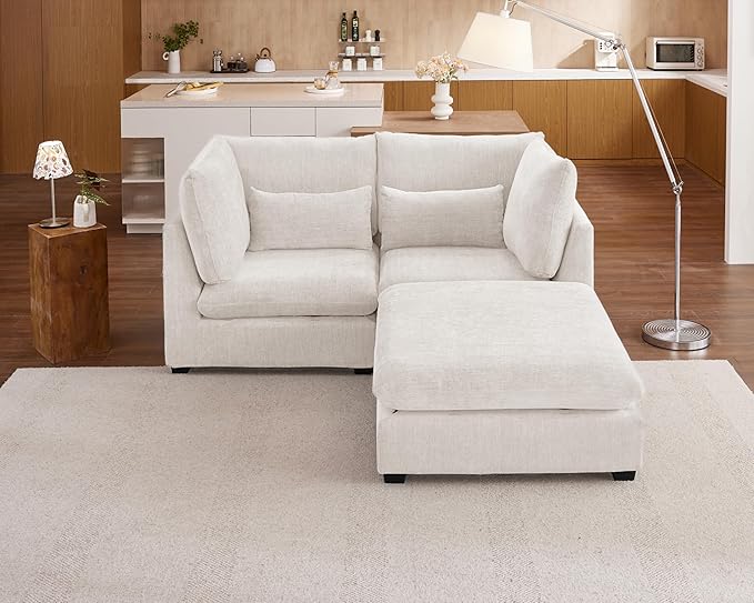 Oversized Modular Sofa, Extra Deep Cloud Chenille Sectional Couch with Ottoman Chaise, Fluffy Chenille Loveseat L Sofa for Living Room, Villa (Loveseat+Ottoman, Chenille White)