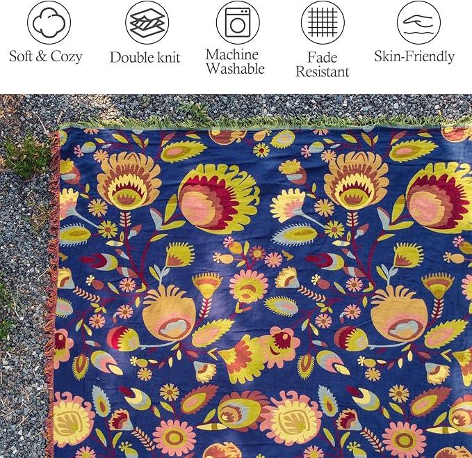 Snycler Boho Throw Blanket for Bed, 100% Organic Cotton Muslin Soft Throw-Blue Boho Floral Farmhouse Rustic Spring Summer Fall Decor Blanket for Couch Sofa Quilt and Gift, 80