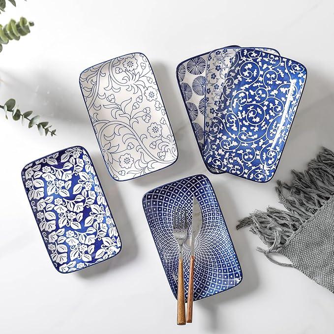 Selamica Ceramic Rectangular Salad Plates Set, Dinner Plate 9.4 Inch Dessert Plates for Party Entertaining, Small Serving Plates for Appetizers, Sushi, Fruit, Set of 4, Vintage Blue