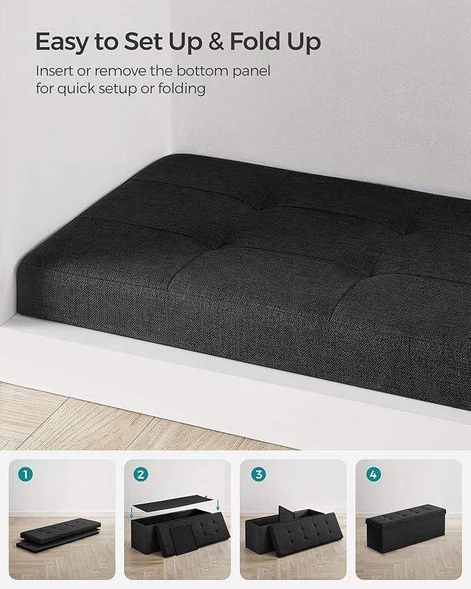 SONGMICS MAZIE Collection - 43 Inches Folding Storage Ottoman Bench, Ottoman Foot Rest, End of Bed Bench, Storage Chest, Load 660 lb, for Living Room, Bedroom, Entryway, Ink Black ULSF077B01