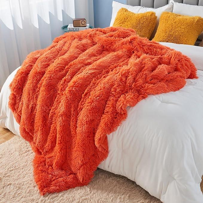 GONAAP Fuzzy Faux Fur Throw Blanket Queen Size Orange Super Soft Cozy Plush Fuzzy Shaggy Blanket for Couch Sofa Bed (Orange, Queen(90