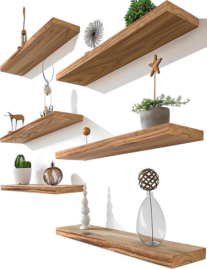 Light Wood Floating Shelves for Wall Rustic Wall Shelves for Bedroom Set of 6