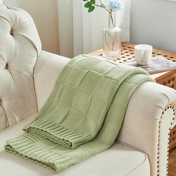 CozeCube Check Knit Throw Blanket, Sage Green Checkered Throw for Couch, Decorative Christmas Soft Cozy Warm Knitted Blanket for Bed Sofa Living Room, 60