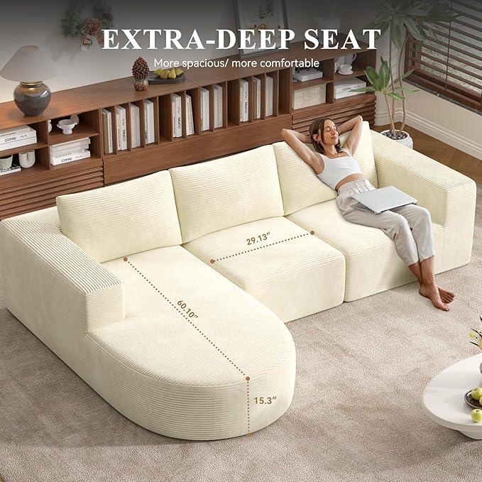 Modular Sectional Sofa with L-Shape Chaise,Cloud Sectional Modern Sleeper Couch with Deep Seat,Sponge Compression Sofas No Assembly Required (Beige-Corduroy Fabric) 1 PCS