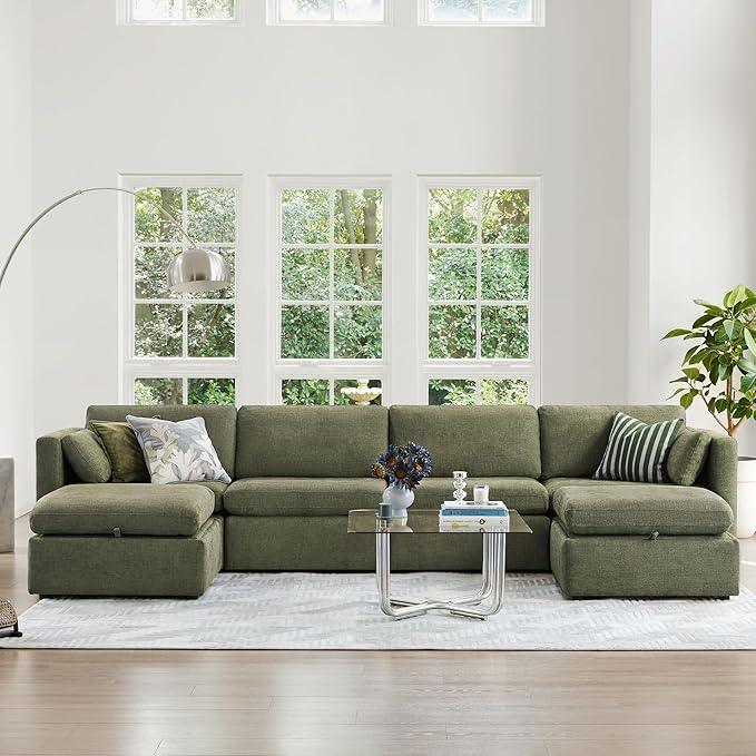 CHITA Oversized Modular Sectional Sofa, FSC Certified U Shaped Couch with Reversible Chaise Modular Sectional Couch,146 inch Width, 6 Seat Modular Sofa with Storage Ottomans, Moss Green