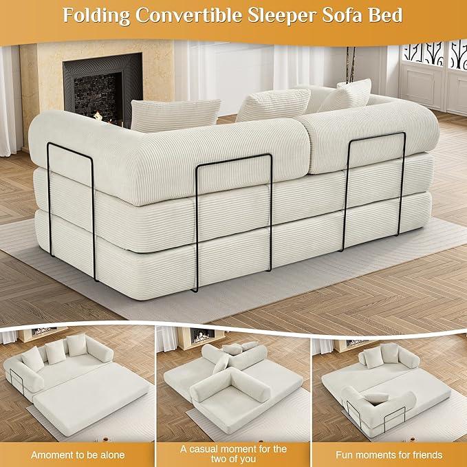 Convertible Sleeper Sofa Bed with Pillow, 4-in-1 Corduroy Folding Mattress Couch with Fixed-Shape Frame, Fold Out Floor Sofa Cama Lounge Couch for Living Room Bedroom Studio, Beige White