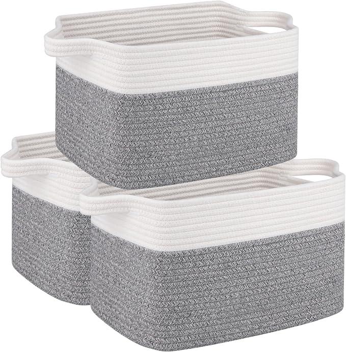 OIAHOMY 3 Pack Storage Basket for Organizing, 13''X9.85''X8.7'' Storage Bins,Woven Basket Basket with Handles, Toy Storage Basket Bin,Stylish Room Decor Basket, White & Grey variegated