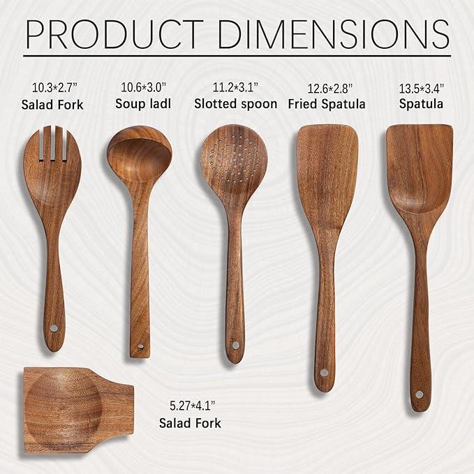 Wooden Spoons for Cooking, Nonstick Cooking Utensil Set with 5 Piece Acacia Wooden Spatulas and Spoons, as well as a Extra Whole Wood Spoon Rest, Terrific for Everyday Kitchen Tasks
