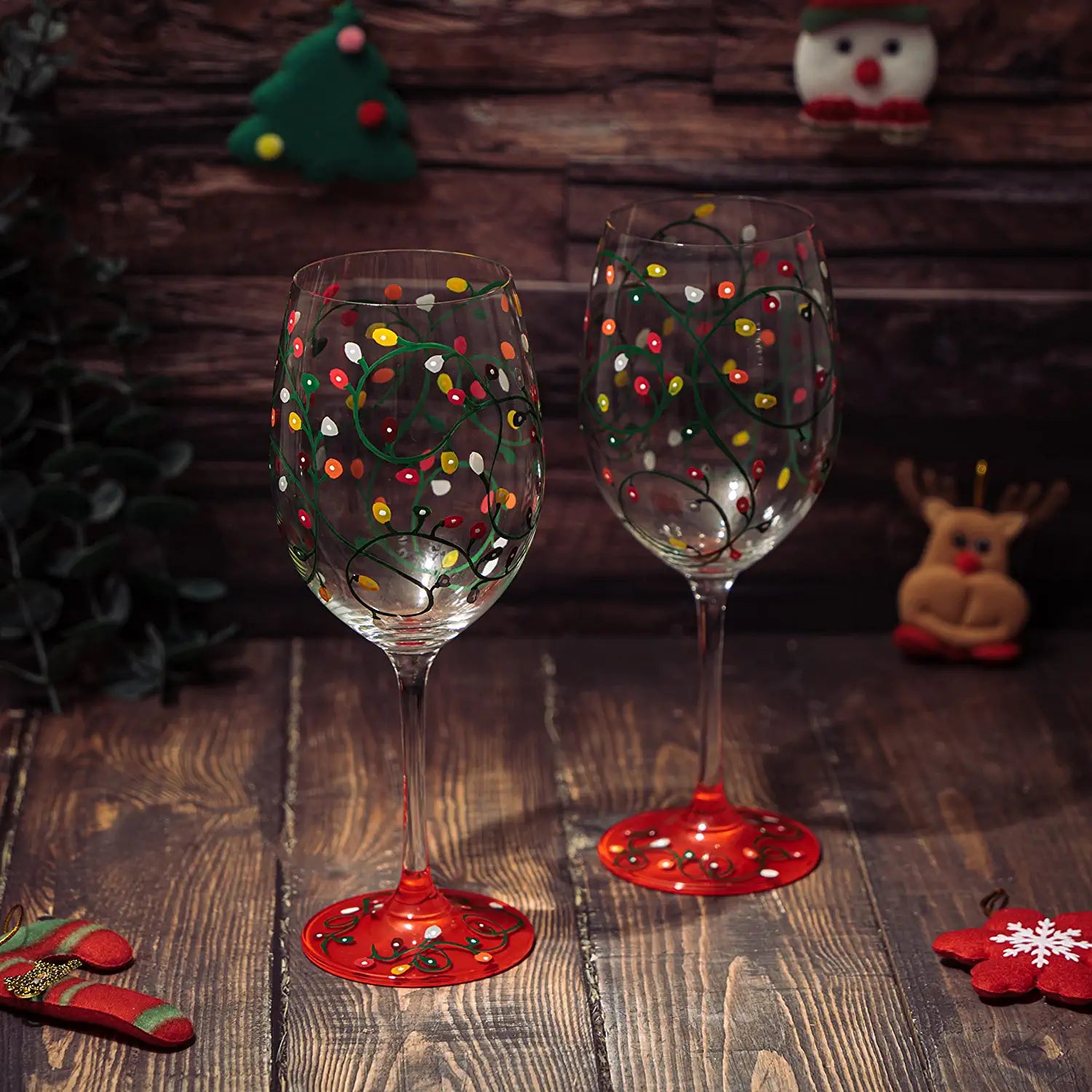 Stemmed Christmas Lights Wine Glasses Set of 2 - Hand Painted Wine Glass Ornament Light Bulbs Glasses, Perfect for Wine, Champagne, Holiday Parties and Festivities - 9.5