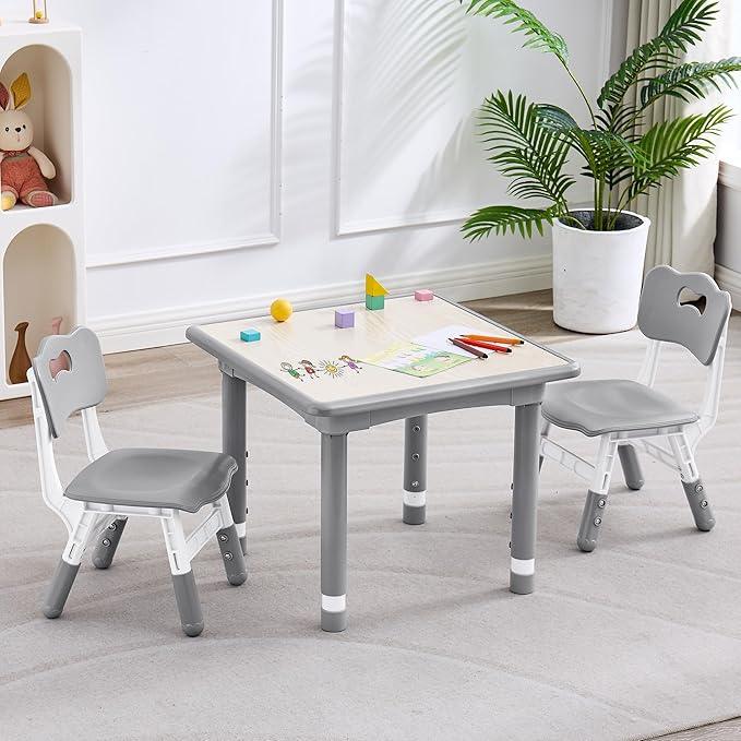 Kids Table and 2 Chairs Set, Height Adjustable (17.7