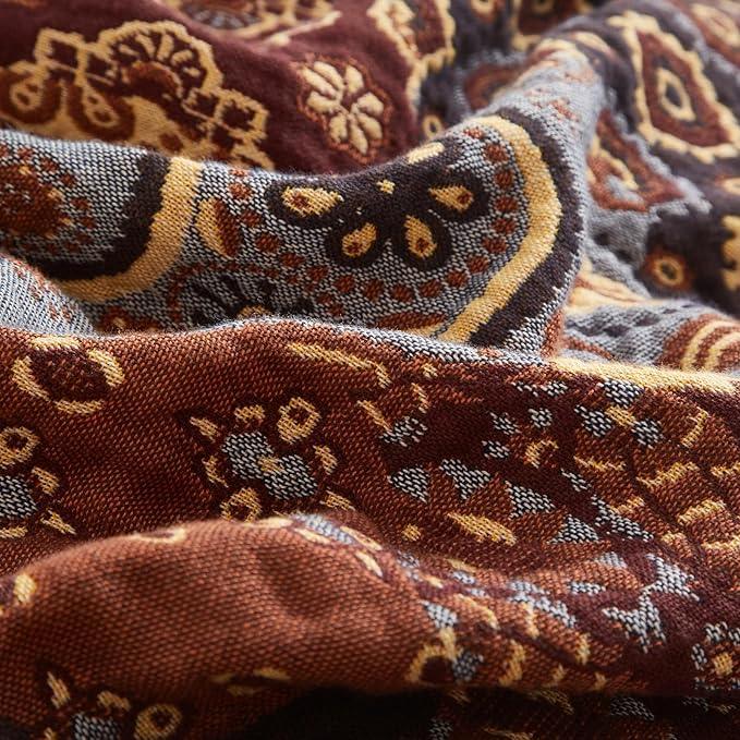 Boho Throw Blanket for Couch Sofa Bed, 100% Cotton Woven Quilt with Tassel 60”x80”, Super Soft Muslin Blanket with Patchwork Printed, Decorative Reversible Bed Blanket/Cover for All Seasons