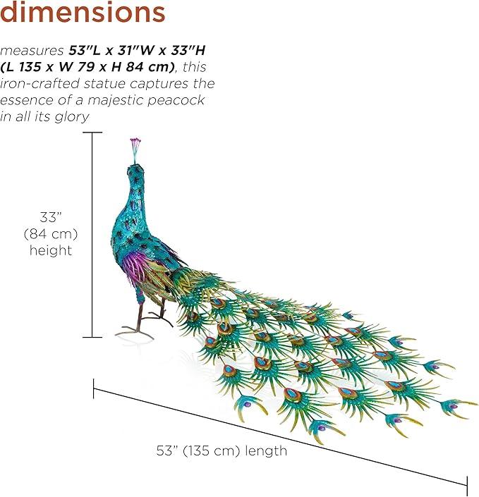 Alpine Corporation HEH378 Metal Jumbo Sized Majestic Peacock Decor, Elegant Garden & Patio Bird Statue, 33