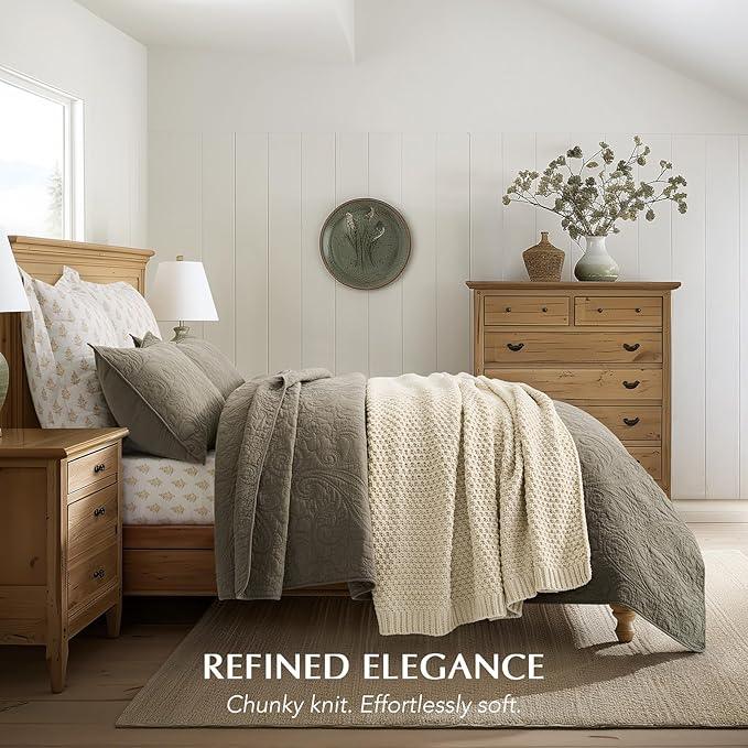 Chunky Chenille Knit Throw Blanket for Couch, Soft Luxurious Moss Stitch Blankets for Bed, Cozy Decorative Farmhouse Knitted Throws for Sofa, Beige, 60