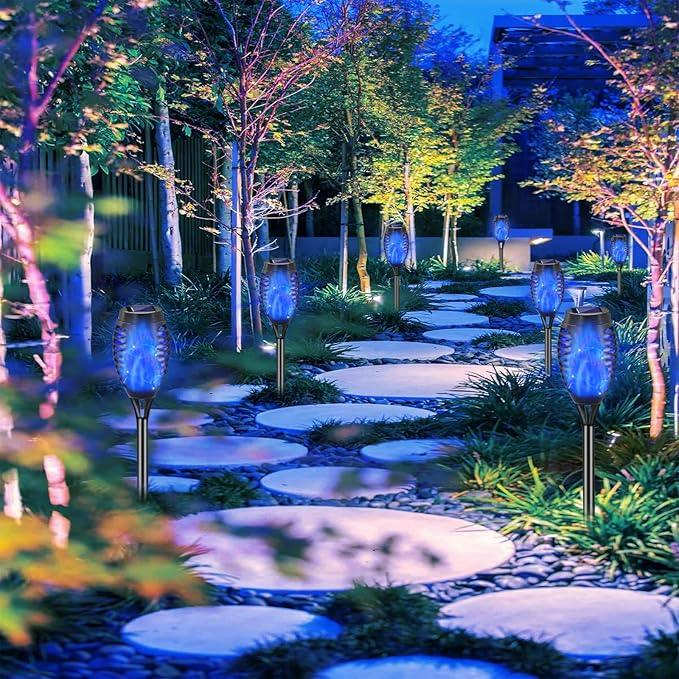 Outdoor Solar Lights Blue, 12 Pack Solar Torch Lights with Flickering Flame Waterproof Mini Tiki Torches for Landscape Garden Pathway Dusk to Dawn Auto On/Off