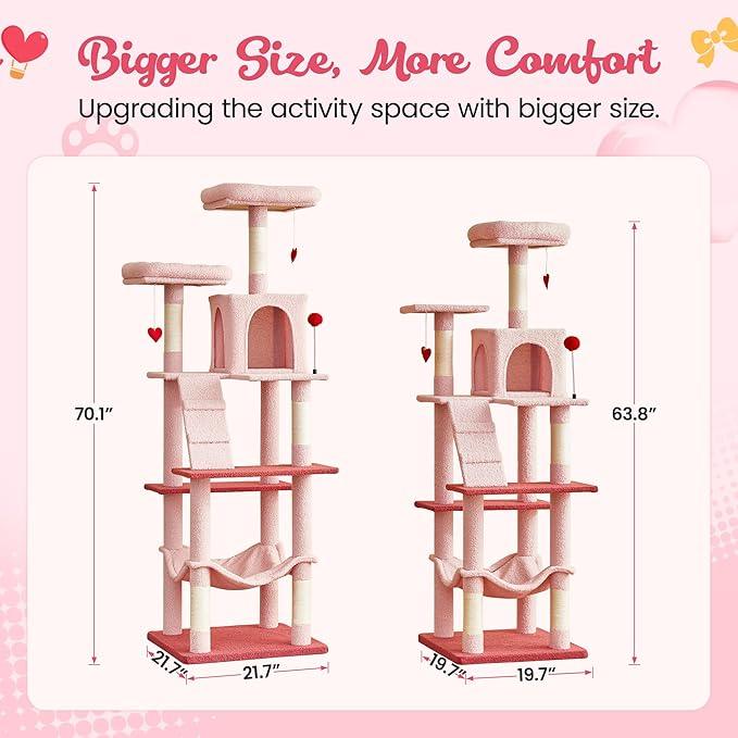 MWPO Cute Cat Tree, 70.1-Inch Tall Pink Cat Tower for Indoor Cats Large Adult, Multi-Level Cat Condo with 5 Scratching Posts, 2 Padded Perches, Hammock, Dangling Toys
