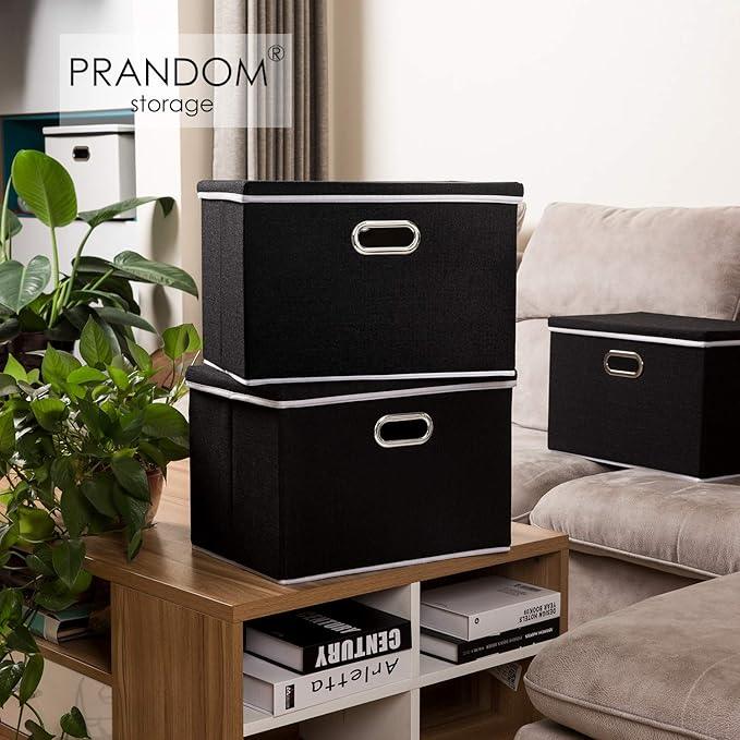 PRANDOM Large Foldable Storage Boxes with Lids [3-Pack] Fabric Collapsible Storage Bins Organizer Containers Baskets Cube with Cover for Home Bedroom Closet Office Nursery Black(17.7x11.8x11.8)