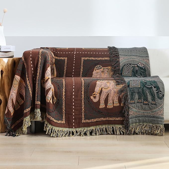 Boho Throw Blanket for Bed with Tassels,100% Cotton Ultra Soft and Cozy Large Blanket Elephant Printed Farmhouse Decor Bed Blankets,60