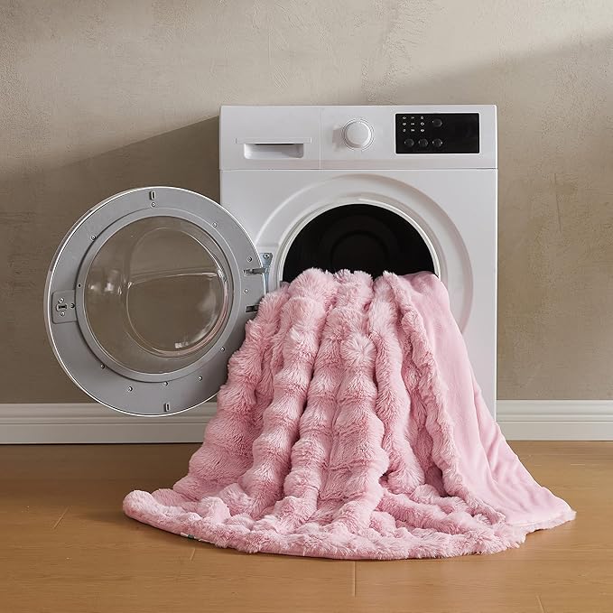 JELLYMONI Faux Fur Throw Blanket, Pink Fuzzy Cozy Plush Bubble Bed Blanket, Thick and Warm King Size (108
