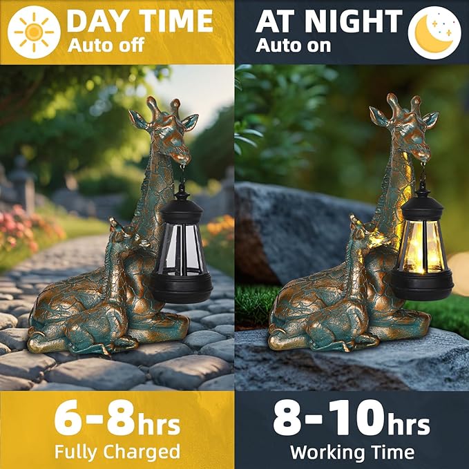 Solar Garden Decor - Mother Baby Giraffe Statue with Solar Lantern 9.7