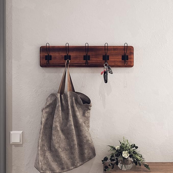 HBCY Creations Dark Wash Brown Rustic Coat Rack Wall Mount with 5 Hooks, Solid Pine Wood 24 inch Wall Hooks for Entryway, Mudroom, Hallway, Bathroom - Vintage Farmhouse Style Wall Mounted Towel Rack