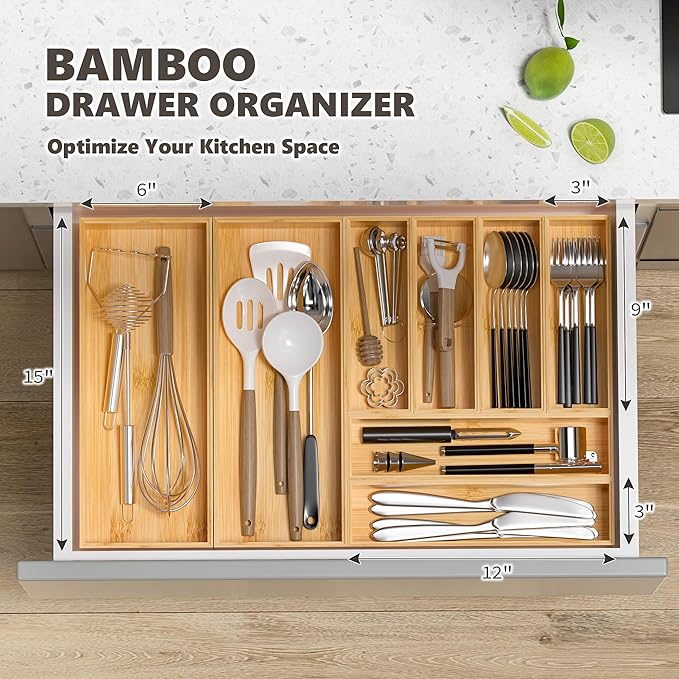 Kitchen Drawer Organizer Bins, Stackable Bamboo Deep Drawer Organizer for Silverware, Utensils, Cutlery, Flatware, Junk Drawer, Dresser, Bathroom, 9